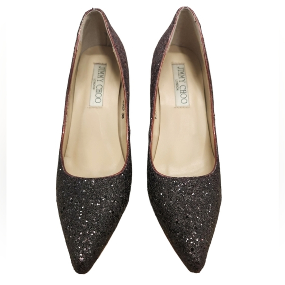 Jimmy Choo Romy Burgundy/Black Coarse Glitter Pointed Toe SZ 38